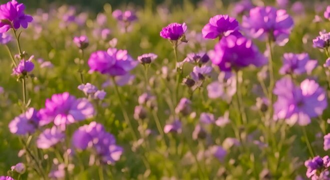 Flowers Viscaria vulgaris sticky catcher sticky campion A field of blooming purple flowers 4K