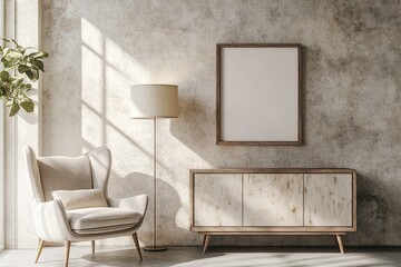Beige armchair, wooden cabinet, and blank framed poster in a sunlit room