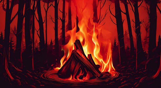 Burning campfire on black background Burning bonfire in the night forest Tourist hiking nature futage 4K