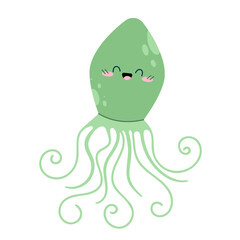Hand  drawn sea animal green squid