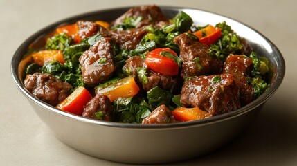 Seared beef with kale and bell peppers