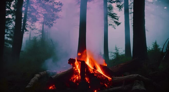 Burning campfire in the forest twilight background Burning bonfire in the night forest Tourist hiking nature futage 4K