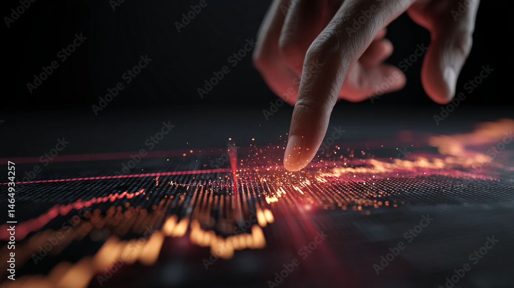 Poster fingertip touching glowing grid, creating sparks, suggesting data interaction or technological innov
