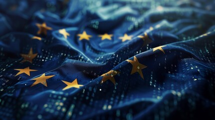 European union flag superimposed on europe map with a binary technology background