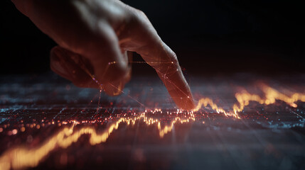 Fingertip interacts with glowing network, data visualization, abstract lines forming connections, showcasing digital technology, innovation, and interaction