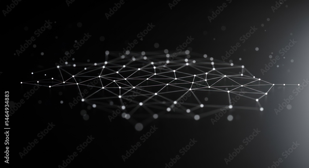 Poster abstract network of interconnected dots and lines on a dark background.
