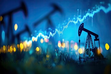Oil pump jack against a backdrop of rising stock market graphs.  A night scene