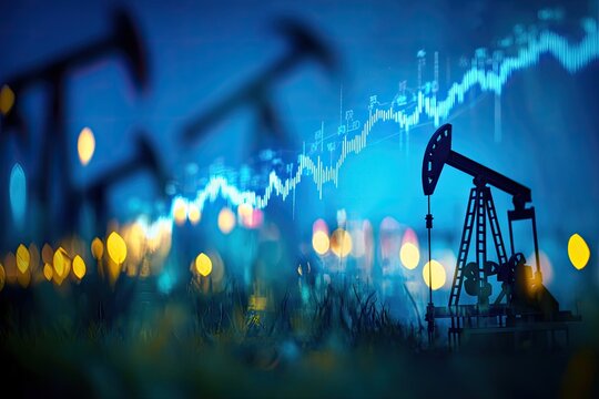 Oil pump jack against a backdrop of rising stock market graphs. A night scene