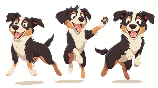 Three Adorable Cartoon Bernese Mountain Dog Puppies Jumping and Playing Joyfully