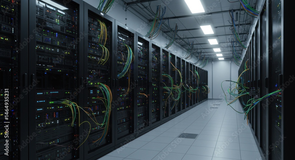 Poster server racks line a hallway in a data center with bright overhead lighting.