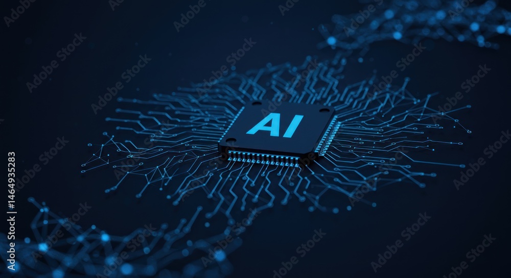 Poster artificial intelligence chip with circuit board design on dark blue background.