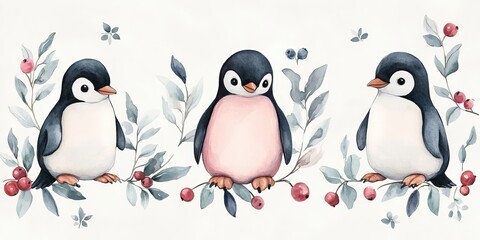 Fototapeta premium Whimsical watercolor pattern featuring penguins, berries, and leaves