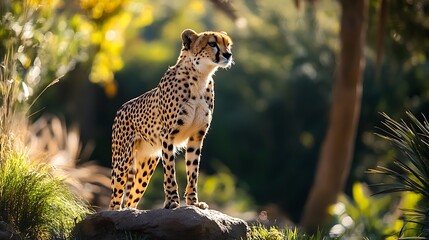 Alert cheetah standing on a rocky perch, surveying its surroundings.