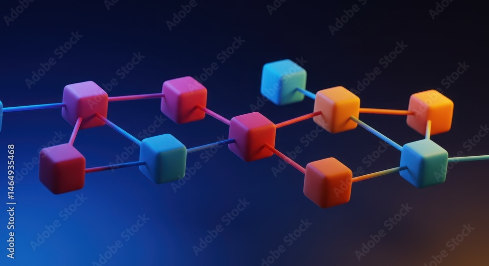Aufkleber interconnected colorful cubes represent a network or blockchain concept on a dark background.