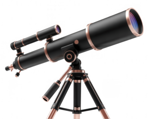 A black and copper telescope on a tripod against a black background in a studio setting view from below
