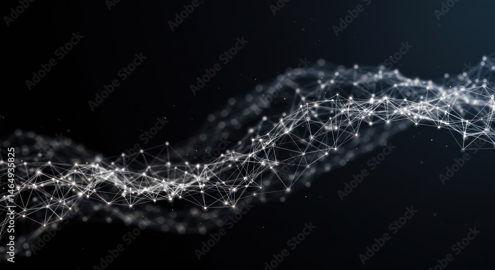 Poster abstract network of interconnected white dots and lines on a black background.