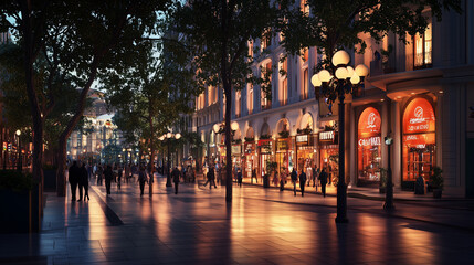 Fototapeta premium Urban street scene bustling with people at night illuminated by stores 