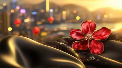 Close-up of a red bauhinia brooch on silk, golden light on petals, festive city backdrop - celebrating Hong Kong's establishment day with elegance.