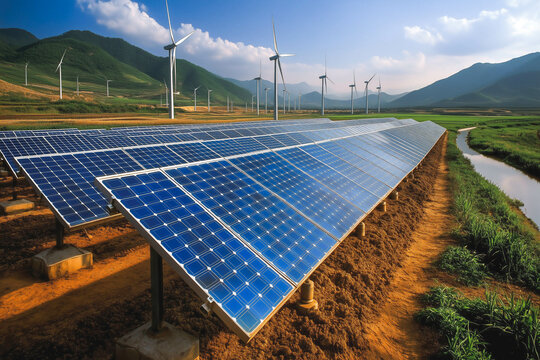 Solar Panels And Wind Turbines In Grassy Field With Sunlight - Renewable Energy Concept