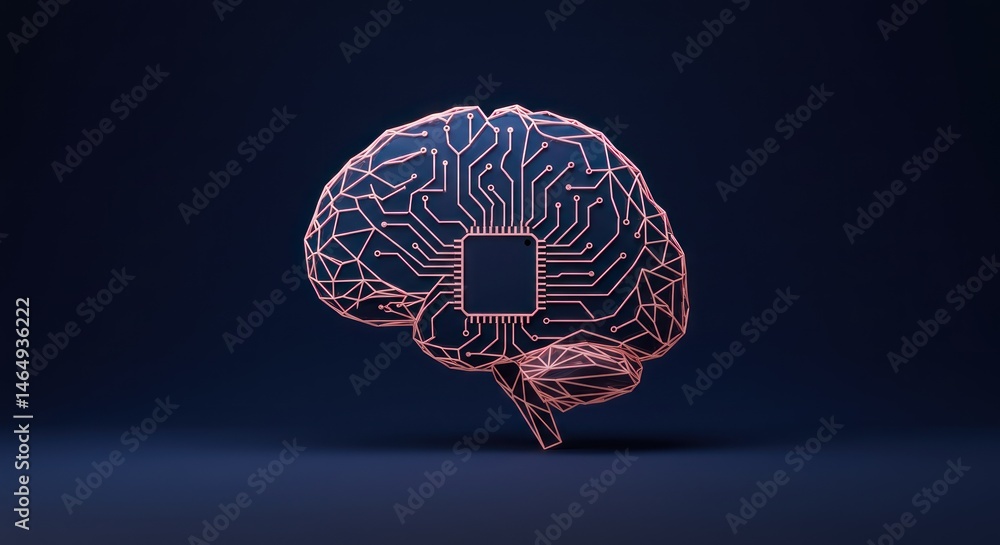 Poster stylized brain with circuit patterns and a central microchip on dark background.