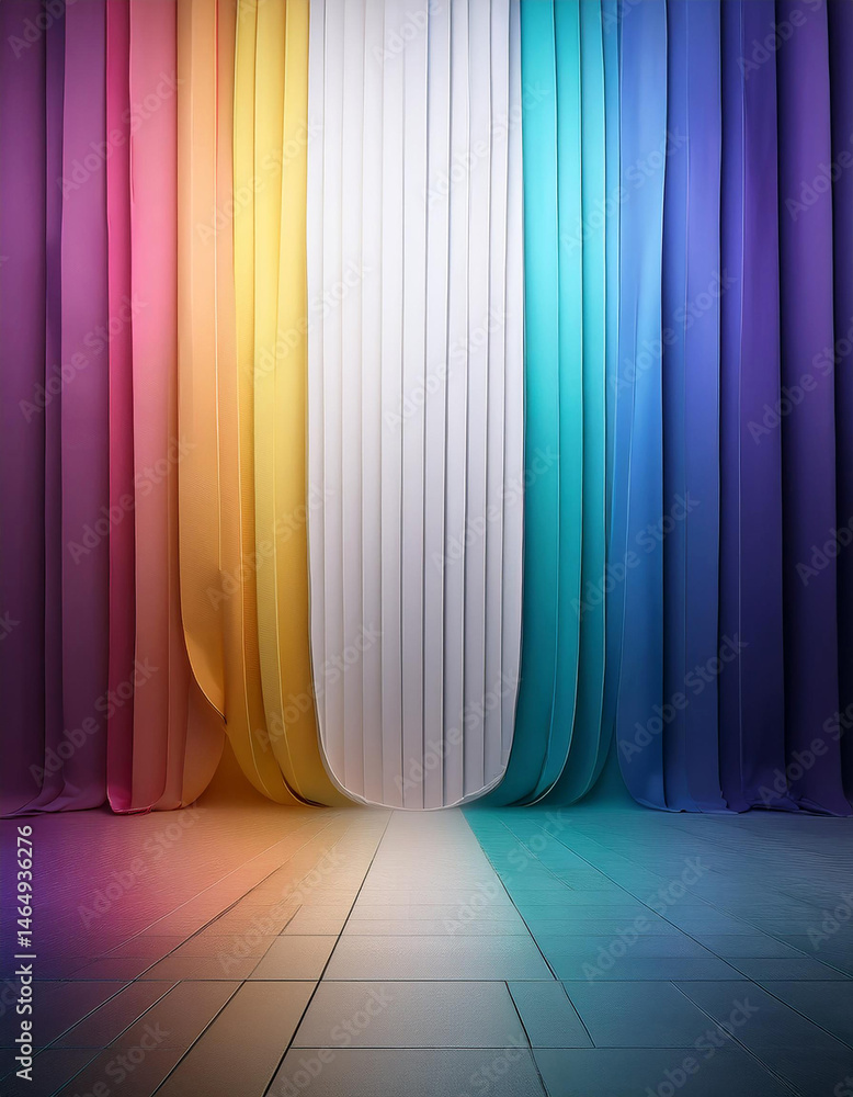 Poster colorful abstract background with rainbow gradient curtains and tiled floor. backdrop for creative d