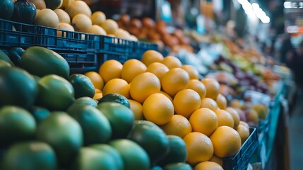 Fresh citrus and other fruits on display at a supermarket produce aisle.