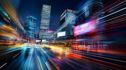 Fototapeta premium Futuristic cityscape glowing at night with dynamic lights 