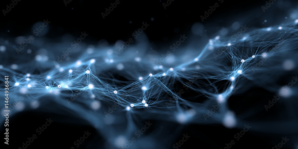 Aufkleber Abstract blue network, glowing nodes connected by thin lines, creating a wave-like pattern on dark background, symbolizing connection, technology, and digital network