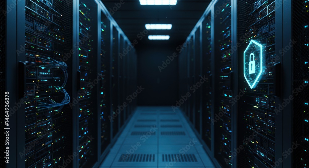 Poster server room with rows of computers and a digital security shield icon.