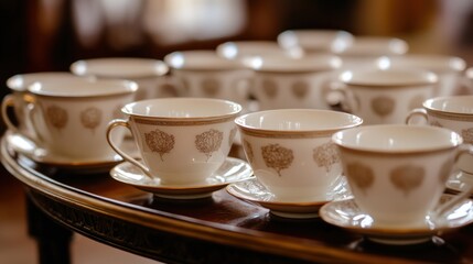 Elegant porcelain teacups with gold floral design on wooden table