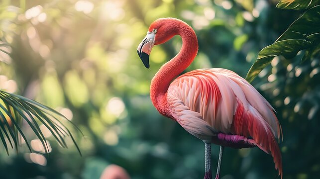 Majestic pink flamingo standing tall against a vibrant green backdrop. - Powered by Adobe