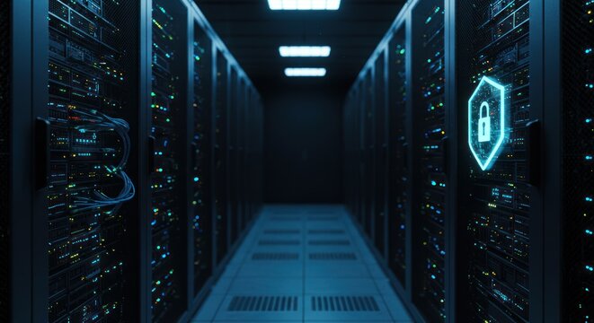 Server room with rows of computers and a digital security shield icon.