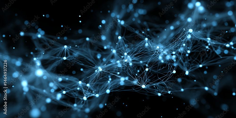 Poster Abstract image of a blue neural network, glowing points connected by thin lines, suggesting connection, communication, or technology, suitable for technological or scientific concepts