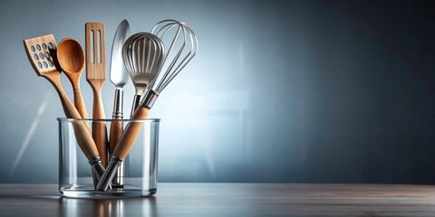 A collection of elegant kitchen utensils, nestled within a clear glass container, rests on a sleek wooden surface against a subtly textured backdrop.