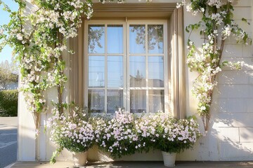 A picturesque view of a window framed by blossoming flowers elevates home decor.