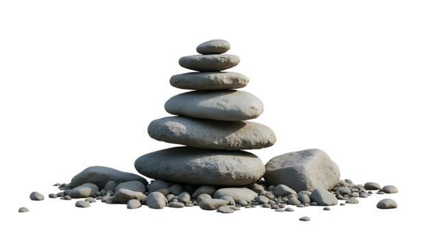 Rock pile cairn hiking route mark PNG cutout isolated on transparent background, graphic resource. Symbol of peace, calm, and meditation
