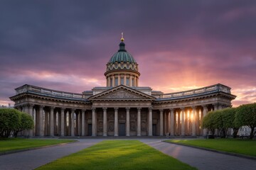 Naklejka premium Classical Cathedral at Sunset: Majestic Architecture in Serene Twilight