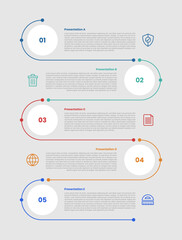 5 stage infographic diagram with open box line container with circle badge and vertical line connection zig zag with 5 step for slide presentation
