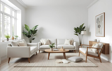 Modern Scandinavian living room with a soft neutral sofa, mid-century wooden furniture, and cozy textured rug. White walls, light wood floors, and lush green plants add a fresh, elegant vibe.