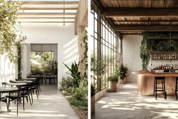 Modern, light-filled restaurant spaces with a focus on indoor-outdoor living and greenery.  Natural light streams through large windows, highlighting the interior design elements.