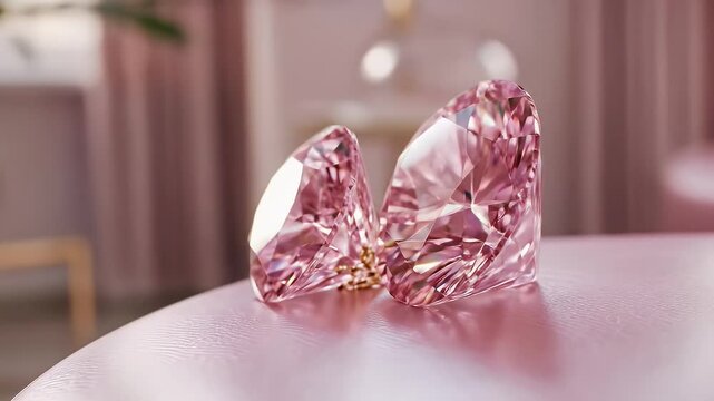 Two Pink Diamonds Sparkling on Light Pink Surface with Blurry Background for Exquisite Luxury and Investment Photo