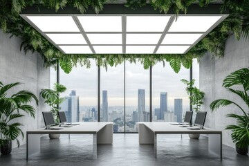 Fototapeta premium Modern office space with a city view and abundant greenery. A minimalist design with concrete walls, white desks, and a large window offering a view of a bustling metropolis.