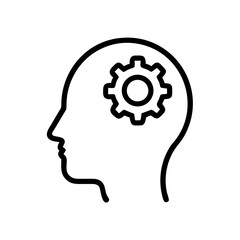 Minimalist black outline vector icon of a human head silhouette with gears. Simple line art symbol for mental health awareness, thinking, problem solving, and cognitive processes.