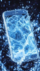 Smartphone submerged in icy water, dramatic splash