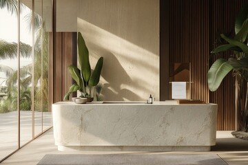 Modern reception desk in a light beige and wood interior, overlooking a tropical garden. Sunlight streams into a spacious, minimalist lobby. 