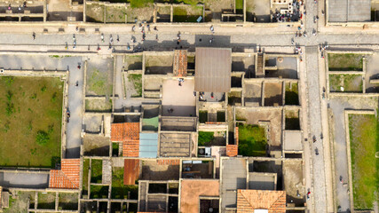 Zenithal aerial view of the archaeological area of the excavations of Herculaneum. There are ruins...