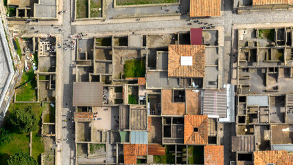 Zenithal aerial view of the archaeological area of the excavations of Herculaneum. There are ruins...