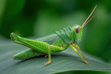 Fototapeta premium Vibrant Green Grasshopper on Leaf: A Close-Up Macro Photograph