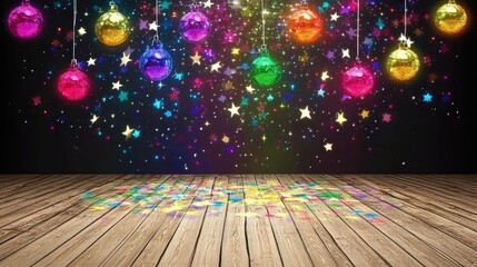 Festive Holiday Background Sparkling Ornaments Glittering Stars Wooden Floor Colorful Celebration