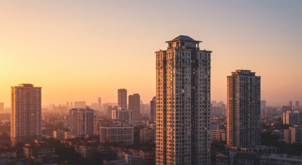 Fototapeta premium City skyline with tall buildings at sunset or sunrise golden light.